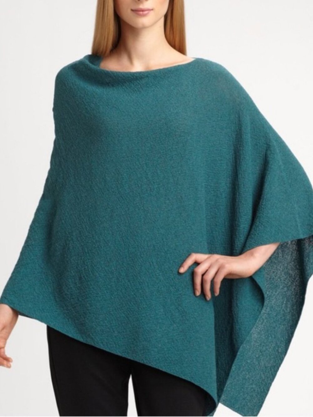 EUC Eileen Fisher Teal Blue Asymmetrical 100% Wool Knit Poncho